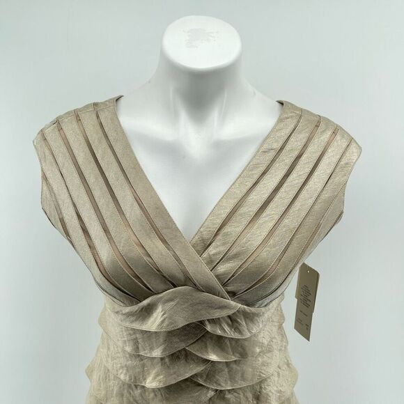 Adrianna Papell 6P Petite Champagne Metallic Tiered V-Neck Dress, New With Tag - Picture 4 of 17